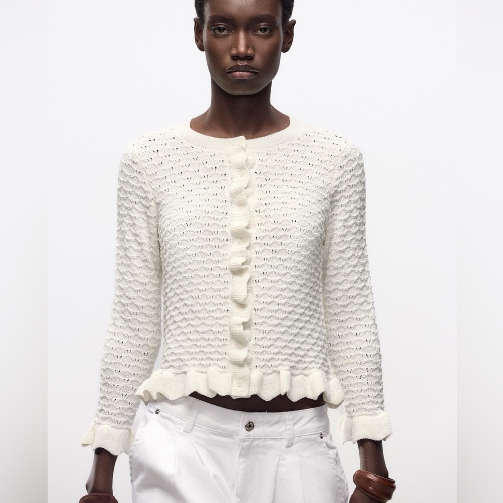 Zara Elegant White Women's ruffled knit Sweater cardigan